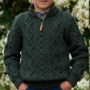 Aran Crafts Ireland Merino Wool Half Zip Aran Sweater Army Green Cable Knit 4-5Y
